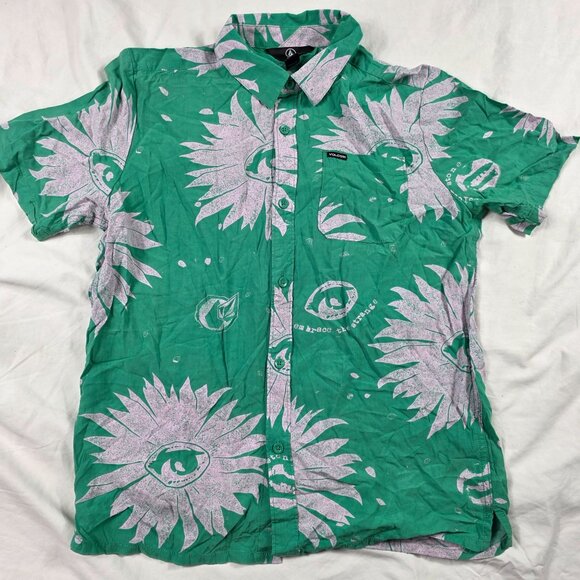 Volcom Mag Sketch Shirt Wintergreen Boys Size XL Short Sleeve Casual Floral - Picture 1 of 9